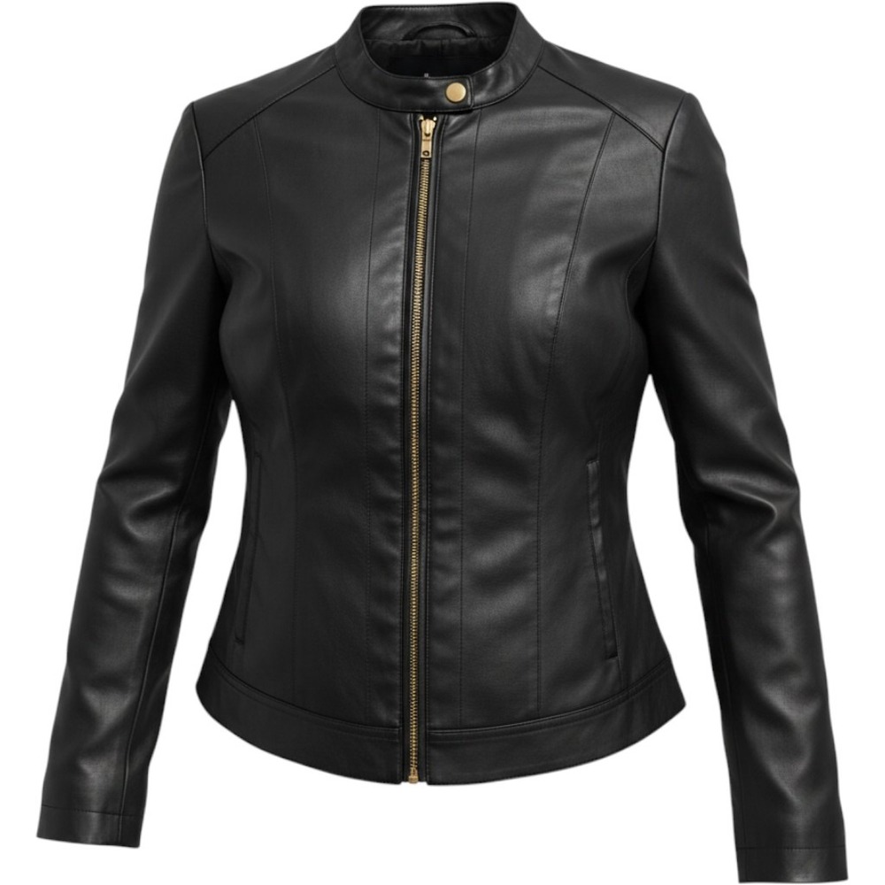 Cole Haan Signature Womens Black Faux Leather Moto Jacket Gold Zip XL